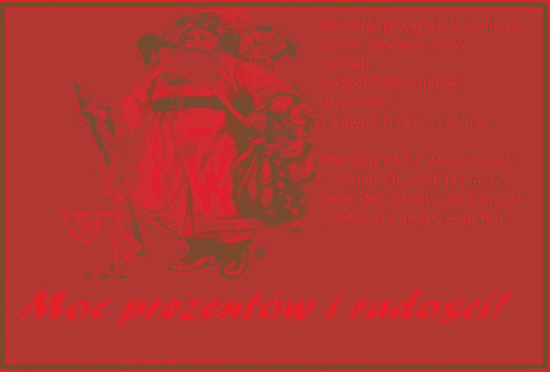 Mikołaj z torbą prezentów i życzeniami